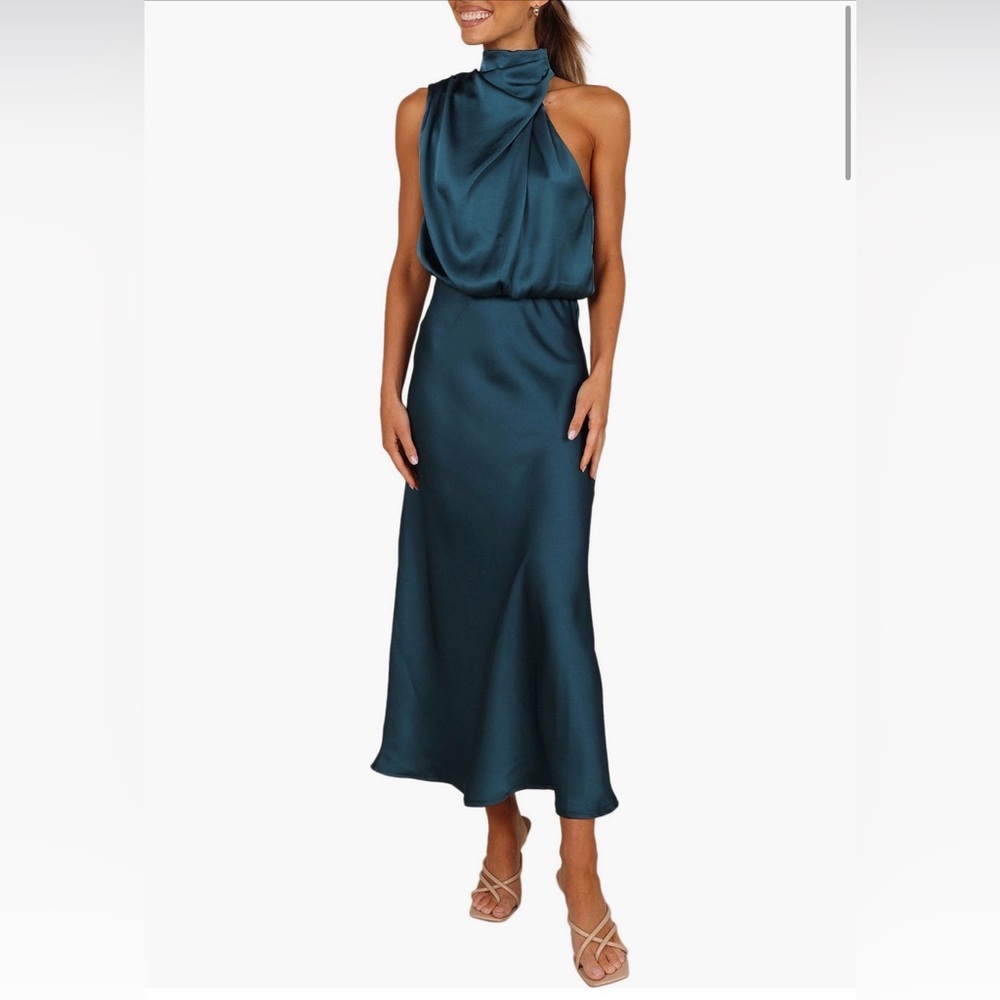 Satin Halter Neck Maxi Dress - Teal